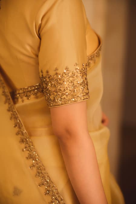 AFRIYA_Gold Organza, Chanderi Sequins, Tassels, Zari, Saree With Blouse _Online_at_Aza_Fashions