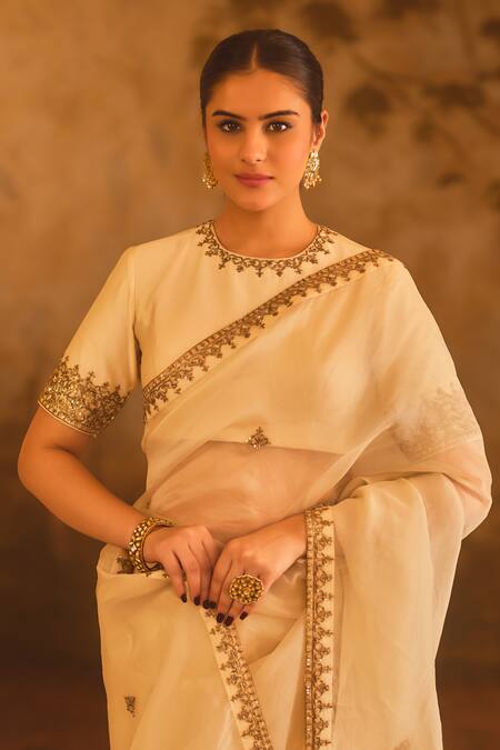 Buy_AFRIYA_Cream Organza, Chanderi Dabka And Dori Hand Work Saree & Blouse _Online_at_Aza_Fashions