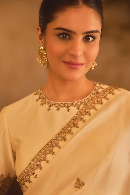 Shop_AFRIYA_Cream Organza, Chanderi Dabka And Dori Hand Work Saree & Blouse _Online_at_Aza_Fashions