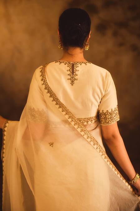 AFRIYA_Cream Organza, Chanderi Dabka And Dori Hand Work Saree & Blouse _at_Aza_Fashions