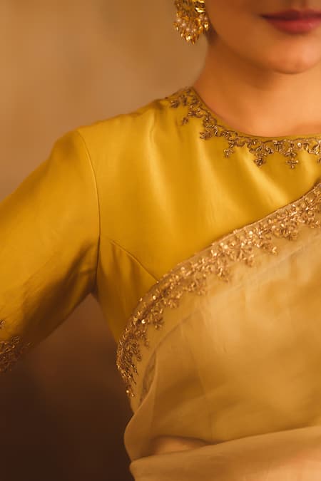 Buy_AFRIYA_Green Organza, Chanderi Sequins, Embroidery, Zari Saree With Blouse _Online_at_Aza_Fashions