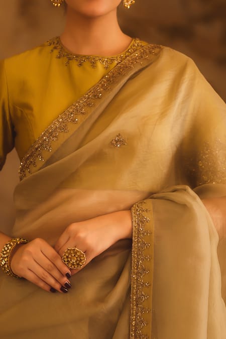 AFRIYA_Green Organza, Chanderi Sequins, Embroidery, Zari Saree With Blouse _at_Aza_Fashions