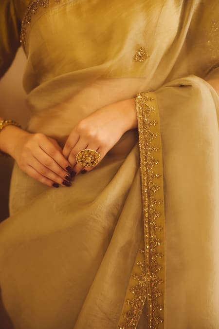 Shop_AFRIYA_Green Organza, Chanderi Sequins, Embroidery, Zari Saree With Blouse 