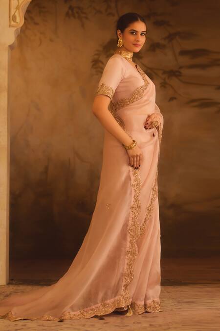 AFRIYA_Pink Organza, Chanderi Sequins, Zari, Hand Work Saree With Blouse _Online_at_Aza_Fashions