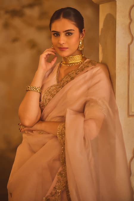 Buy_AFRIYA_Pink Organza, Chanderi Sequins, Zari, Hand Work Saree With Blouse _Online_at_Aza_Fashions