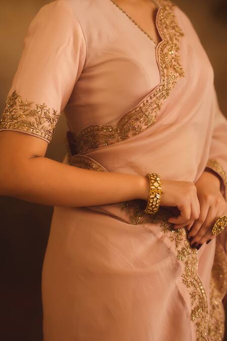 Shop_AFRIYA_Pink Organza, Chanderi Sequins, Zari, Hand Work Saree With Blouse _Online_at_Aza_Fashions