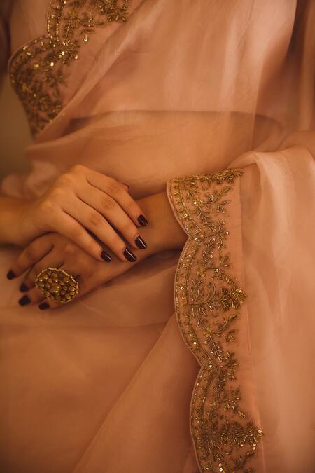 AFRIYA_Pink Organza, Chanderi Sequins, Zari, Hand Work Saree With Blouse _at_Aza_Fashions