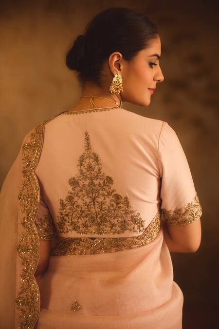 Buy_AFRIYA_Pink Organza, Chanderi Sequins, Zari, Hand Work Saree With Blouse 