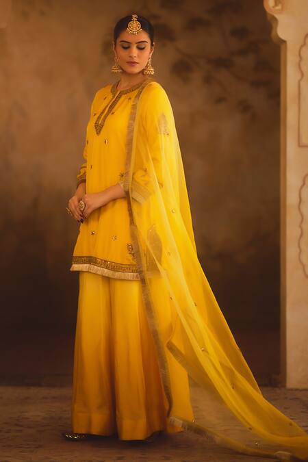 AFRIYA_Yellow , Twill, Modal, Satin, Organza Zardozi Dori Kurta Sharara Set _Online_at_Aza_Fashions