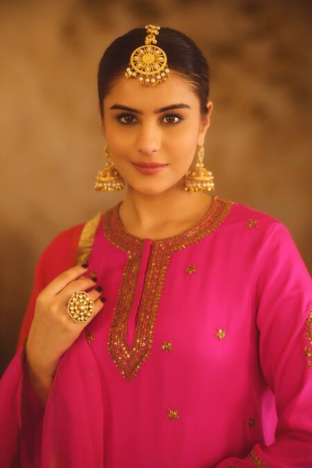 Buy_AFRIYA_Pink , Twill, Modal, Satin, Organza Zardozi And Dori Kurta Sharara Set _Online_at_Aza_Fashions