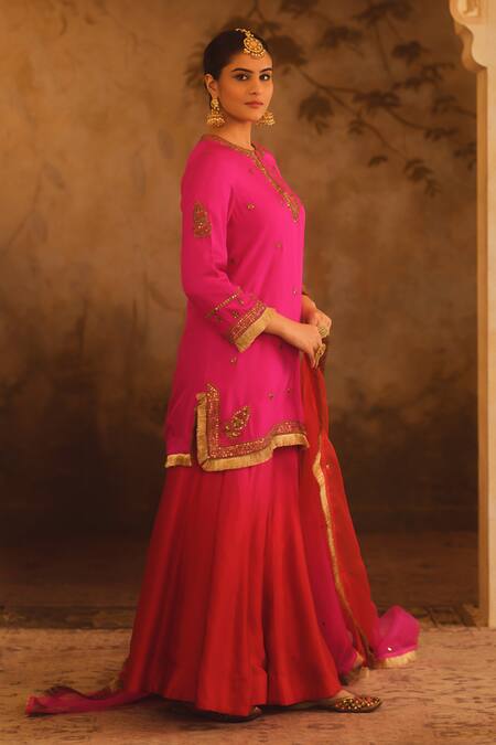 Shop_AFRIYA_Pink , Twill, Modal, Satin, Organza Zardozi And Dori Kurta Sharara Set _Online_at_Aza_Fashions