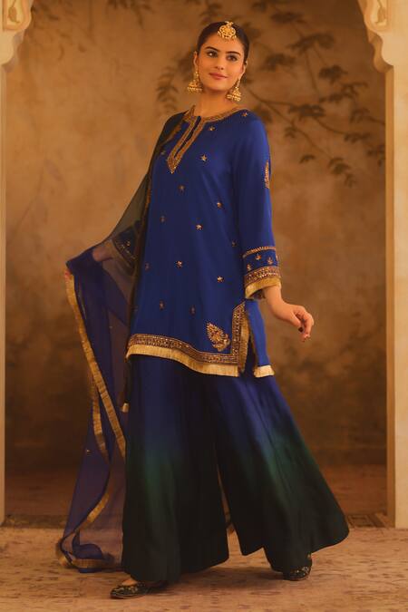AFRIYA_Blue , Twill, Modal, Satin, Organza Zardozi And Dori Kurta Sharara Set _Online_at_Aza_Fashions