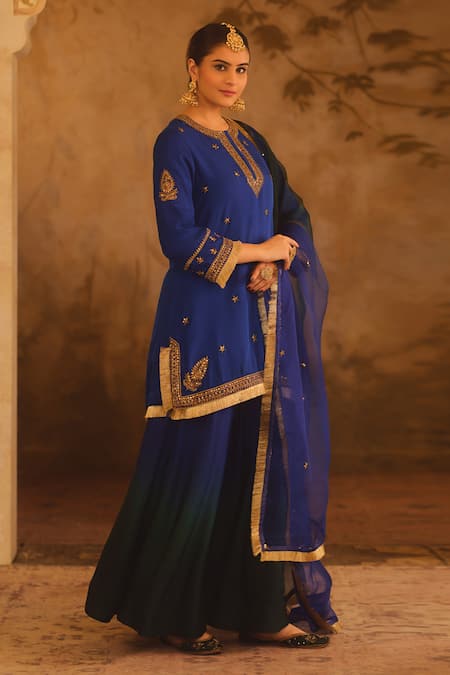 Buy_AFRIYA_Blue , Twill, Modal, Satin, Organza Zardozi And Dori Kurta Sharara Set _Online_at_Aza_Fashions