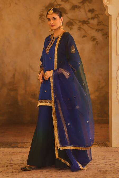 Shop_AFRIYA_Blue , Twill, Modal, Satin, Organza Zardozi And Dori Kurta Sharara Set _Online_at_Aza_Fashions
