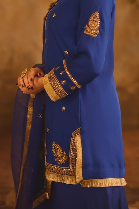 AFRIYA_Blue , Twill, Modal, Satin, Organza Zardozi And Dori Kurta Sharara Set _at_Aza_Fashions