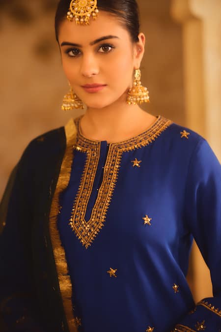 Buy_AFRIYA_Blue , Twill, Modal, Satin, Organza Zardozi And Dori Kurta Sharara Set 