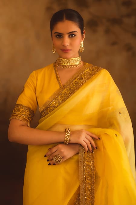 Buy_AFRIYA_Yellow Silk Organza, Silk, Twill Sequins, Pearls, Tassels, Saree With Blouse _Online_at_Aza_Fashions