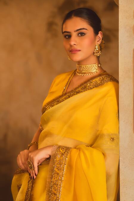 Shop_AFRIYA_Yellow Silk Organza, Silk, Twill Sequins, Pearls, Tassels, Saree With Blouse _Online_at_Aza_Fashions