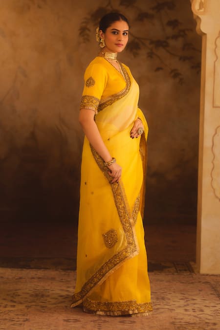 AFRIYA_Yellow Silk Organza, Silk, Twill Sequins, Pearls, Tassels, Saree With Blouse _at_Aza_Fashions