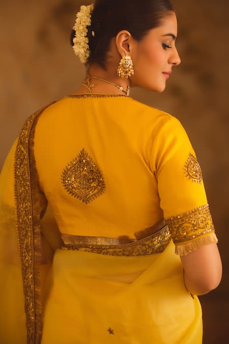 Buy_AFRIYA_Yellow Silk Organza, Silk, Twill Sequins, Pearls, Tassels, Saree With Blouse 