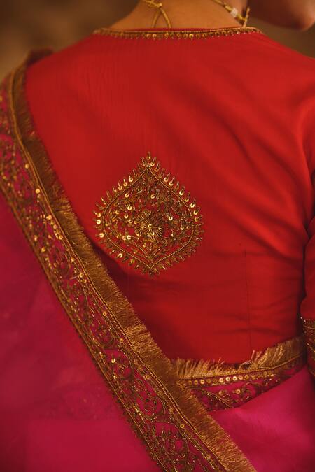 AFRIYA_Red Silk Organza, Silk, Twill Sequins, Metallic Thread, Saree With Blouse _Online_at_Aza_Fashions