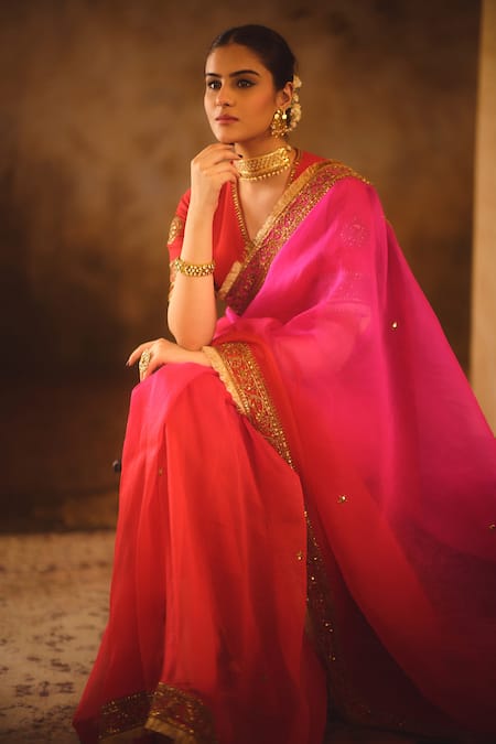 Buy_AFRIYA_Red Silk Organza, Silk, Twill Sequins, Metallic Thread, Saree With Blouse _Online_at_Aza_Fashions