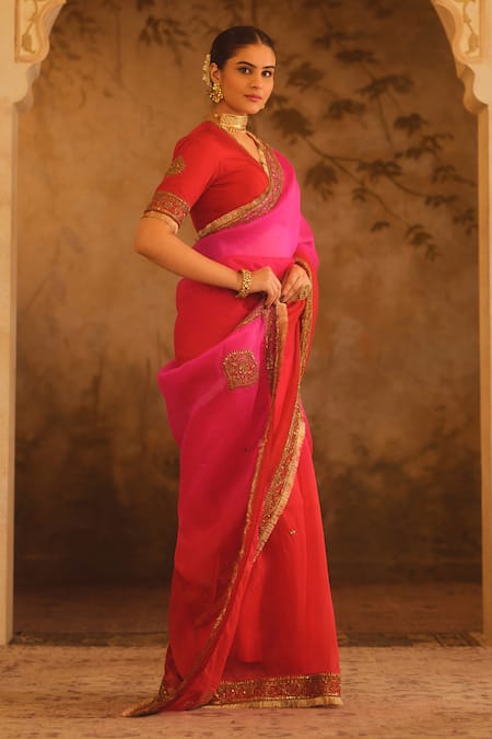 Buy_AFRIYA_Red Silk Organza, Silk, Twill Sequins, Metallic Thread, Saree With Blouse 
