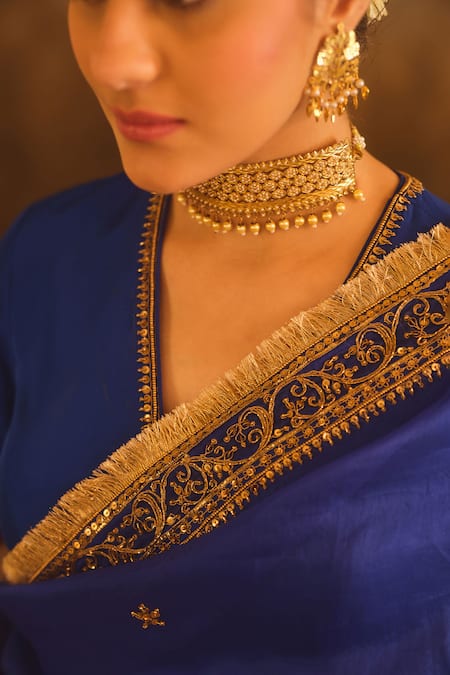 Buy_AFRIYA_Blue Silk Organza, Silk, Twill Embroidery, Sequins, Hand Work Saree With Blouse _Online_at_Aza_Fashions