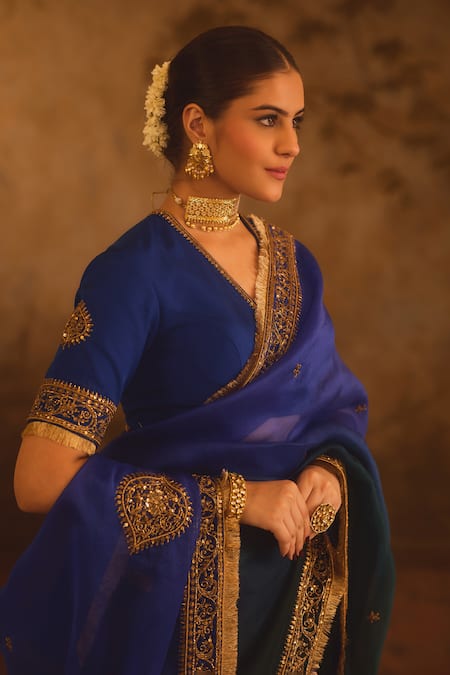 AFRIYA_Blue Silk Organza, Silk, Twill Embroidery, Sequins, Hand Work Saree With Blouse _at_Aza_Fashions