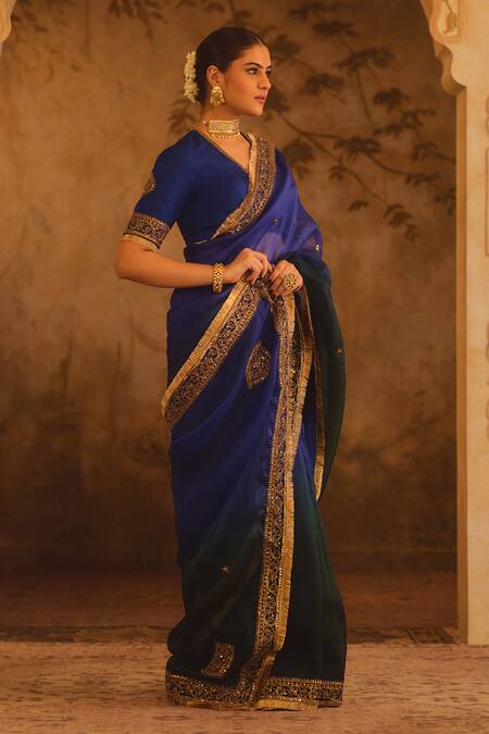 Buy_AFRIYA_Blue Silk Organza, Silk, Twill Embroidery, Sequins, Hand Work Saree With Blouse 