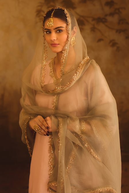 Buy AFRIYA Pink Chanderi , Organza Gota Patti, Fringe, Lace V-neck Kurta Set Buy_AFRIYA_Pink Chanderi , Organza Gota Patti, Fringe, Lace V-neck Kurta Set