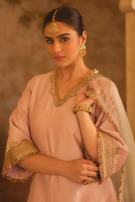 Shop AFRIYA Pink Chanderi , Organza Gota Patti, Fringe, Lace V-neck Kurta Set Shop_AFRIYA_Pink Chanderi , Organza Gota Patti, Fringe, Lace V-neck Kurta Set