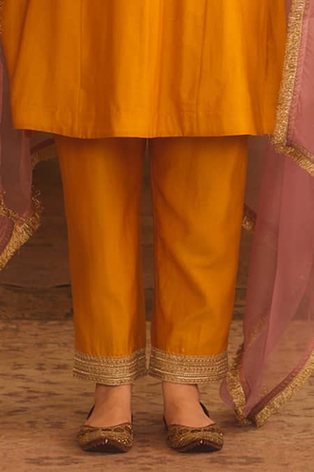 AFRIYA_Yellow Chanderi , Organza Gota Patti, Embroidery, Fringe Kurta Set _Online_at_Aza_Fashions