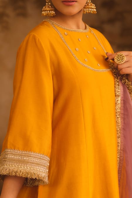 Shop_AFRIYA_Yellow Chanderi , Organza Gota Patti, Embroidery, Fringe Kurta Set 
