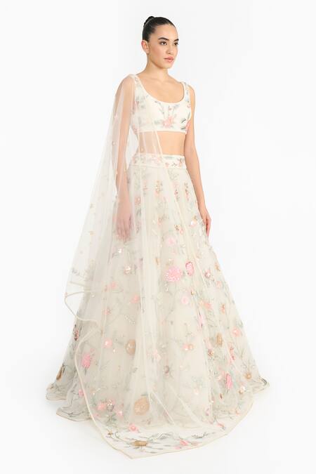 Gauri & Nainika_Ivory Tulle Embroidery, Sequins Scoop Neck Prima Vera Lehenga Set _Online_at_Aza_Fashions