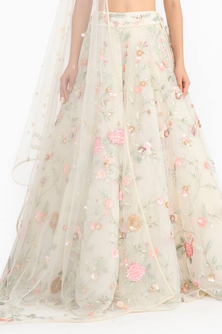 Shop_Gauri & Nainika_Ivory Tulle Embroidery, Sequins Scoop Neck Prima Vera Lehenga Set _Online_at_Aza_Fashions