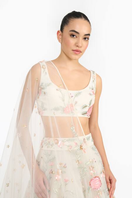 Gauri & Nainika_Ivory Tulle Embroidery, Sequins Scoop Neck Prima Vera Lehenga Set _at_Aza_Fashions