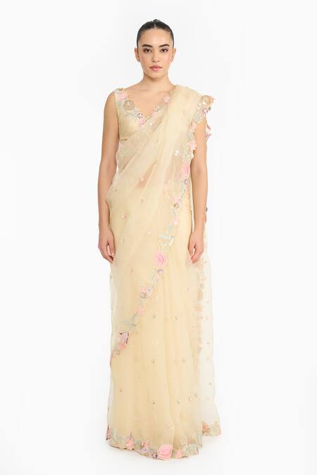Gauri & Nainika_Yellow Silk Organza Embroidery, Sequins V-neck Prima Vera Saree With Blouse _Online_at_Aza_Fashions