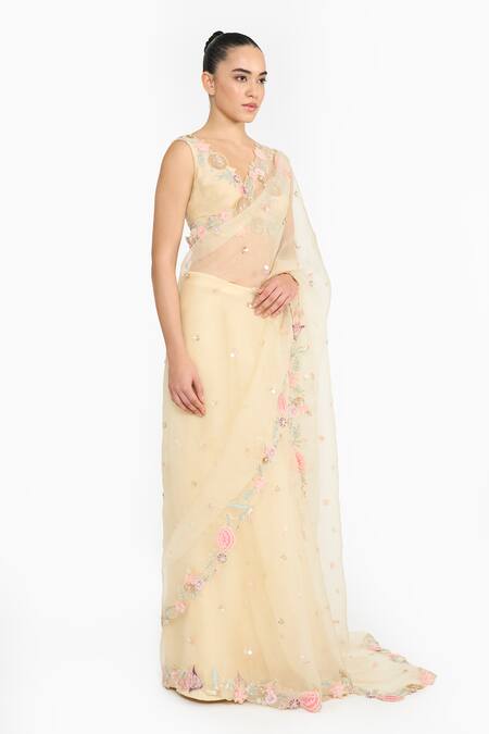 Buy_Gauri & Nainika_Yellow Silk Organza Embroidery, Sequins V-neck Prima Vera Saree With Blouse _Online_at_Aza_Fashions