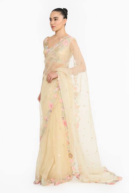 Shop_Gauri & Nainika_Yellow Silk Organza Embroidery, Sequins V-neck Prima Vera Saree With Blouse _Online_at_Aza_Fashions