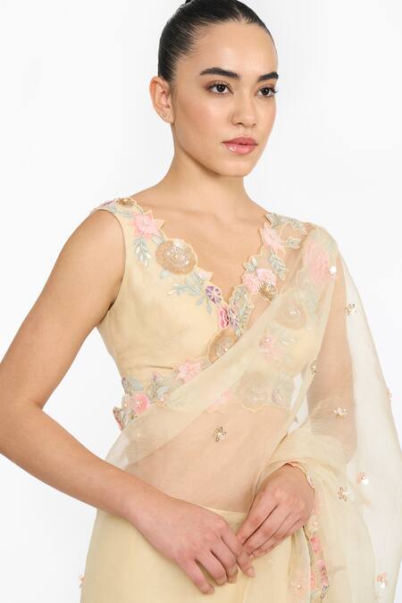 Gauri & Nainika_Yellow Silk Organza Embroidery, Sequins V-neck Prima Vera Saree With Blouse _at_Aza_Fashions