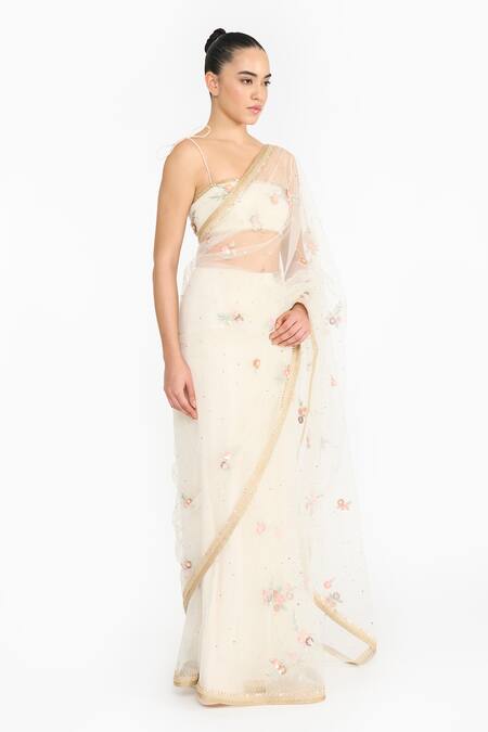Gauri & Nainika_Ivory Tulle Embroidery, Sequins Sweetheart Neck Prima Vera Saree With Blouse _Online_at_Aza_Fashions