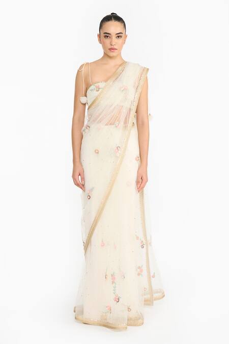 Shop_Gauri & Nainika_Ivory Tulle Embroidery, Sequins Sweetheart Neck Prima Vera Saree With Blouse _Online_at_Aza_Fashions