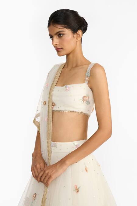 Gauri & Nainika_Ivory Tulle Embroidery, Sequins Square Neck Prima Vera Lehenga Set _Online_at_Aza_Fashions