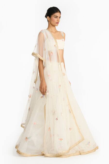 Buy_Gauri & Nainika_Ivory Tulle Embroidery, Sequins Square Neck Prima Vera Lehenga Set _Online_at_Aza_Fashions