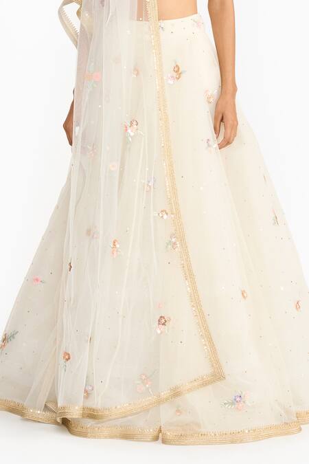 Shop_Gauri & Nainika_Ivory Tulle Embroidery, Sequins Square Neck Prima Vera Lehenga Set _Online_at_Aza_Fashions