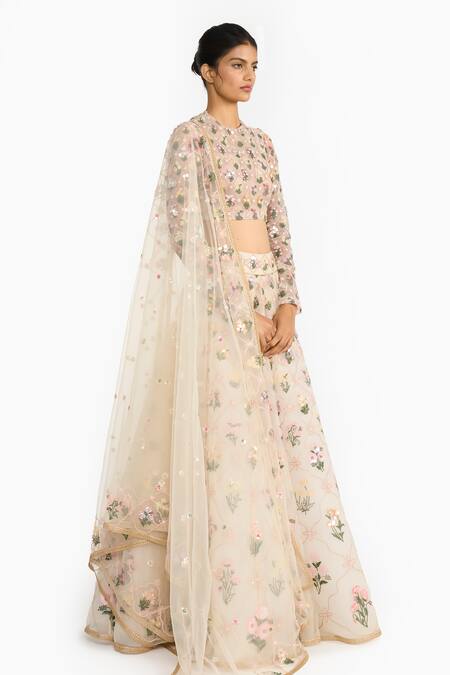 Gauri & Nainika_Ivory Tulle Embroidery, Sequins Round Neck Lattice Floral Lehenga Set _Online_at_Aza_Fashions