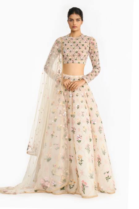 Buy_Gauri & Nainika_Ivory Tulle Embroidery, Sequins Round Neck Lattice Floral Lehenga Set _Online_at_Aza_Fashions
