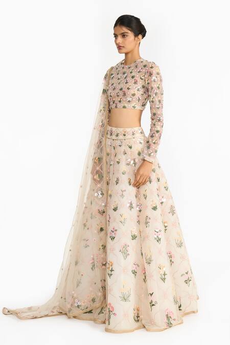 Shop_Gauri & Nainika_Ivory Tulle Embroidery, Sequins Round Neck Lattice Floral Lehenga Set _Online_at_Aza_Fashions