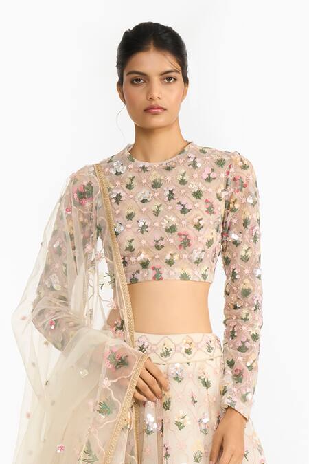 Gauri & Nainika_Ivory Tulle Embroidery, Sequins Round Neck Lattice Floral Lehenga Set _at_Aza_Fashions